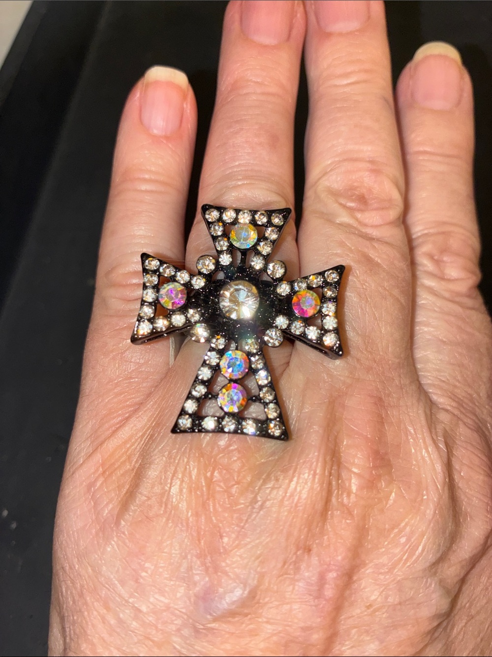 Iridescent Crystal Cross Statement Stretch Ring Brand New